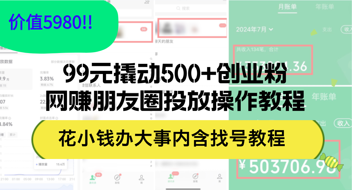 （12431期）99元撬动500+创业粉，网赚朋友圈投放操作教程价值5980！花小钱办大事内…-智创网