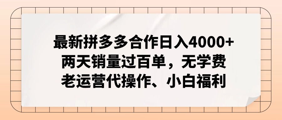 （12869期）拼多多最新合作日入4000+两天销量过百单，无学费、老运营代操作、小白福利-智创网